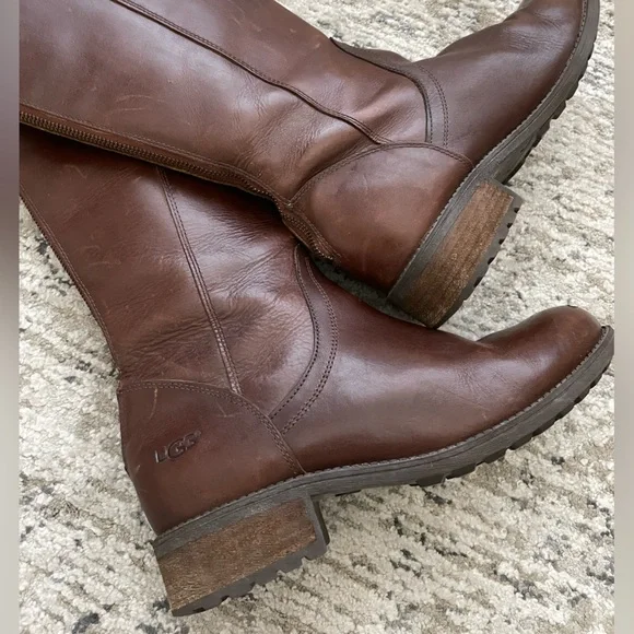UGG Seldon Leather Boots Knee High Full Zip Brown Size 9 Althletic Calf - Picture 8 of 13